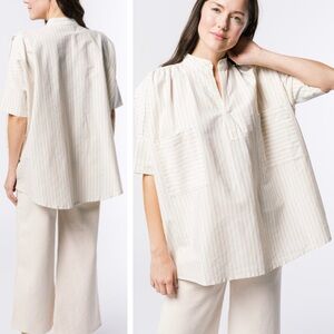 LAUDE THE LABEL Split Neck Boxy Top Cream Striped Women's Blouse